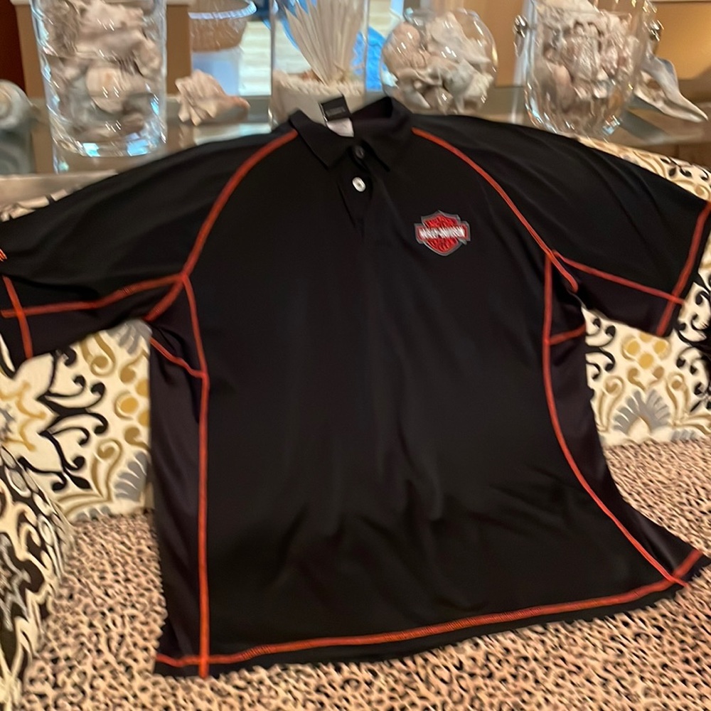Harley Davidson wrinkle free black with orange stitching collared shirt